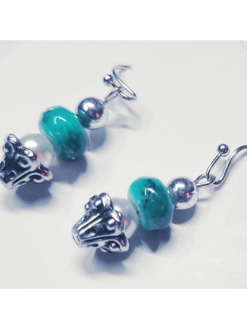 Green Glass Bead Tulip Dangle Earrings - Picture 1 of 5